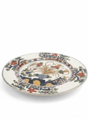 Hand-Painted Floral Ceramic Plate Asian Motif in White, Red and Blue